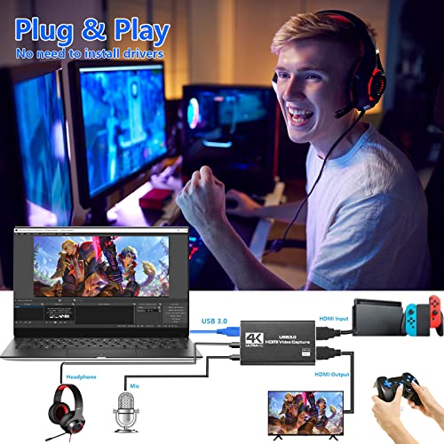 Capture Card Nintendo Switch, Video Capture Card, Game Capture Card 4K 1080P 60FPS, HDMI to USB 3.0 Capture Card for Streaming Work with PS4/PC/OBS/Camera