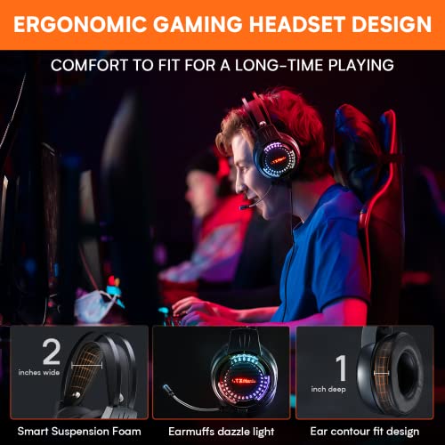 Gaming Headset, LTXHorde RGB PC Headset with Noise Cancelling Microphone, Over Ear Gaming Headphones, Surround Sound, Stereo Bass, LED Lights, Wired Gamer Headset for Laptop, PS4, PS5, Switch, Xbox