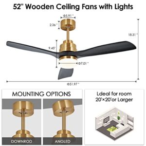 52" Outdoor Ceiling Fan with Light and Remote, Black Gold Ceiling Fan Light with Quiet DC Motor and 3 Solid Blades Noiseless Reversible Fan for Bedroom, Patio, 6-Speed Timer