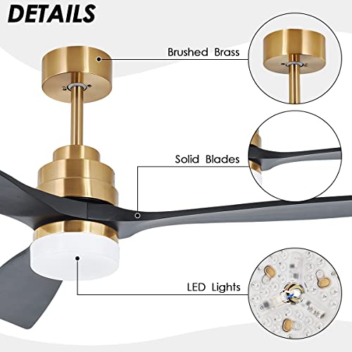 52" Outdoor Ceiling Fan with Light and Remote, Black Gold Ceiling Fan Light with Quiet DC Motor and 3 Solid Blades Noiseless Reversible Fan for Bedroom, Patio, 6-Speed Timer