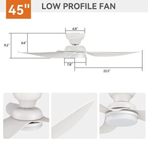 Arterki Low Profile Flush Mount Ceiling Fan, 45" Modern White Ceiling Fan With Dimmable Lights and 10-speed DC Motor, Smart Ceiling fan With Remote, Work with Alexa, Siri, Google Home & Smart APP