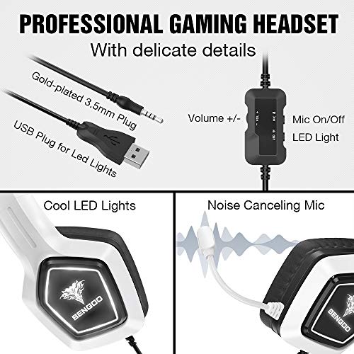 BENGOO G9700 Gaming Headset Headphones for PS4 PS5 Xbox One PC Controller, Noise Canceling Over Ear Headphones with Mic, White LED Light, Bass Surround Sound for Sega Genesis Game Boy