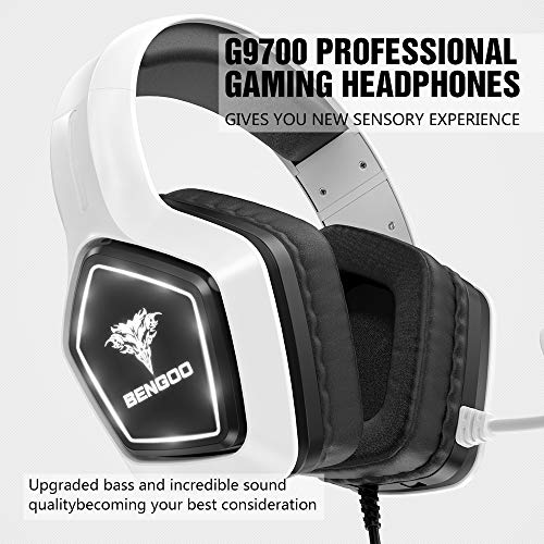 BENGOO G9700 Gaming Headset Headphones for PS4 PS5 Xbox One PC Controller, Noise Canceling Over Ear Headphones with Mic, White LED Light, Bass Surround Sound for Sega Genesis Game Boy