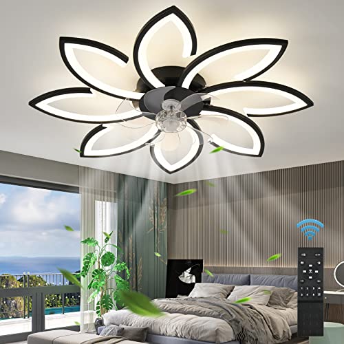 ZHMDJDSH Ceiling Fan with Light Remote Control, 35" 6 Speeds 3 Colors Geometric Bladeless Ceiling Fan with Lights, Black Low Profile Flush Mount Ceiling Fan for Kitchen Bedroom Living Room