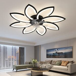 ZHMDJDSH Ceiling Fan with Light Remote Control, 35" 6 Speeds 3 Colors Geometric Bladeless Ceiling Fan with Lights, Black Low Profile Flush Mount Ceiling Fan for Kitchen Bedroom Living Room