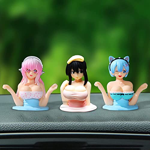 Dimcaso Chest Shaking Car Ornaments, Anime Figure Girl Car Dashboard Decorations, Bobbleheads for Car Dashboard, Cute Anime Girl Figure, Chest Shaking Ornament for Room Car Decor (Rem+Sonic+Kanako)