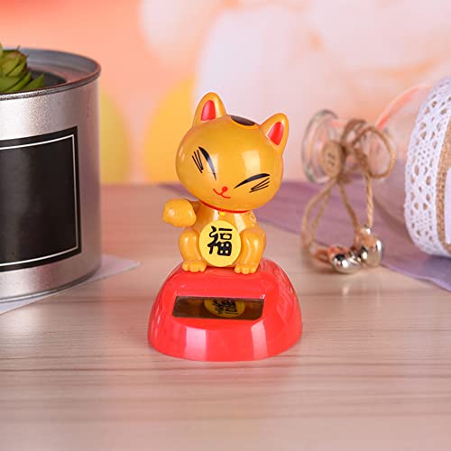 Solar Cat Bobble Shaking Head Dancing Toy Cat Figurine Statue Car Dash Board Lucky Cat Shaking Dancing Ornaments Statues for Car Home Offices Vehicle Decoration (Yellow)