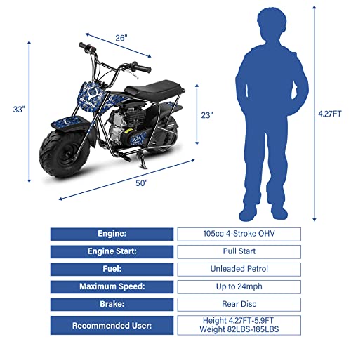 Oryxearth Mini Dirt Bike for Kids, 105CC 4-Stroke Gas Powered Mini Bikes Off-Road Motorcycle Gas Pocket Pit Trail Bike W/EPA Approved, Up to 24 Mph, Weight Support 185 LBS, Blue