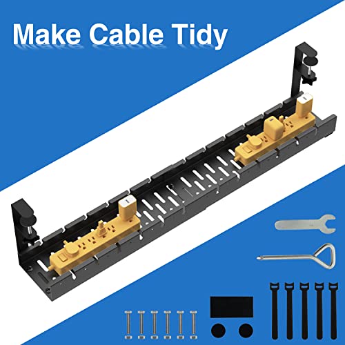 No Drilling Extendable Under Desk Cable Management, Metal Cable Management Tray Under Desk with Clamp, Retractable Power Strip Cord Holder for Wire Management 31Inch