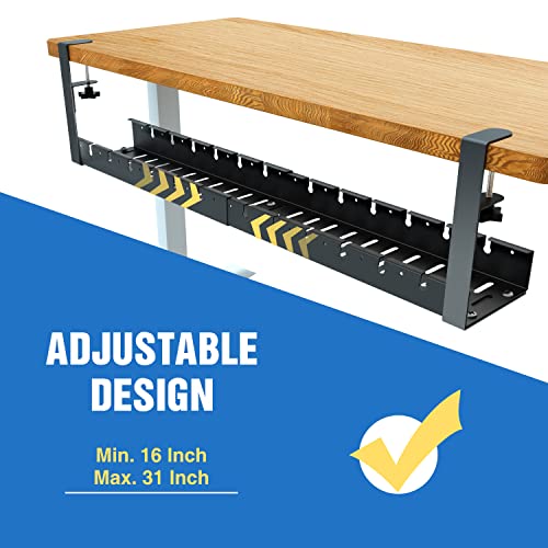 No Drilling Extendable Under Desk Cable Management, Metal Cable Management Tray Under Desk with Clamp, Retractable Power Strip Cord Holder for Wire Management 31Inch