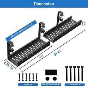 No Drilling Extendable Under Desk Cable Management, Metal Cable Management Tray Under Desk with Clamp, Retractable Power Strip Cord Holder for Wire Management 31Inch