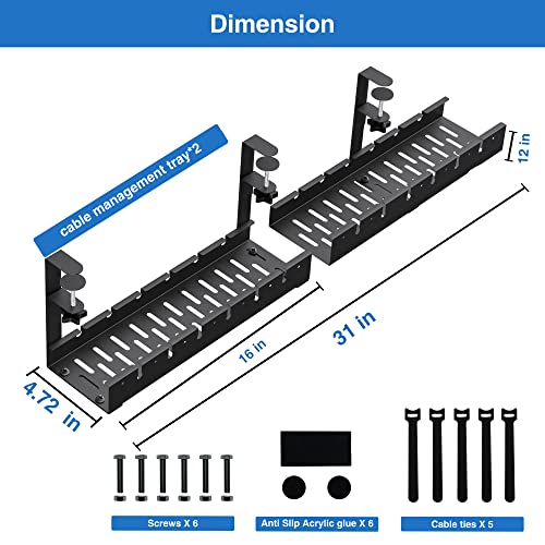 No Drilling Extendable Under Desk Cable Management, Metal Cable Management Tray Under Desk with Clamp, Retractable Power Strip Cord Holder for Wire Management 31Inch