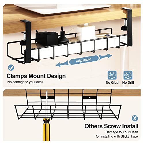 Under Desk Cable Management Tray 1 Pack, Xpatee Upgraded Wire Management No Drill, Cable Tray with Clamp for Desk Wire Management, Computer Cable Rack for Office, Home - No Damage to Desk