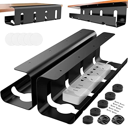 Under Desk Cable Management Tray, No Drill 2 x 15.7 in Steel Desk Cable Management Tray with Wire Organizer and Desk Cord Organizer, 2Pack Under Desk Black Cable Raceway for Cords