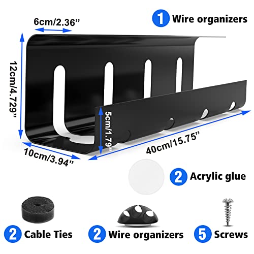 Under Desk Cable Management Tray, No Drill 2 x 15.7 in Steel Desk Cable Management Tray with Wire Organizer and Desk Cord Organizer, 2Pack Under Desk Black Cable Raceway for Cords