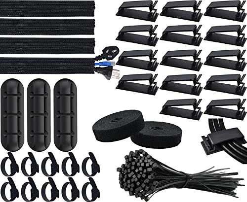 SOULWIT Cable Management Kit, 4 Wire Organizer Sleeve, 3 Cable Holder, 10+2 Cable Organization Straps, 15 Large Cord Clips, 100 Cable Ties for TV PC Computer Under Desk Office