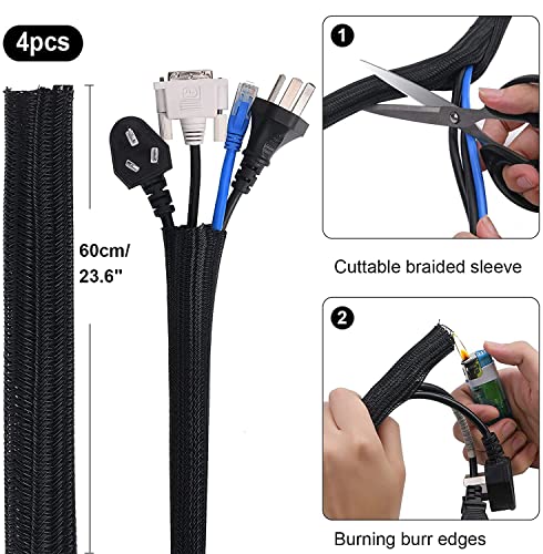 SOULWIT Cable Management Kit, 4 Wire Organizer Sleeve, 3 Cable Holder, 10+2 Cable Organization Straps, 15 Large Cord Clips, 100 Cable Ties for TV PC Computer Under Desk Office