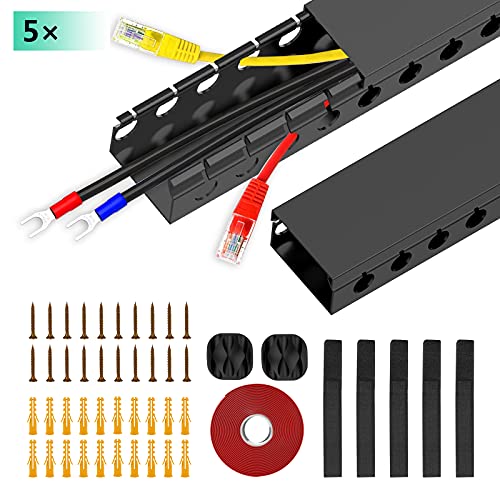 Updated Cable Raceway Kit - 77 (5x15.4) Inch Open Slot Wire Covers for Cords, Under Desk Cable Management System to Hide Under Desk/Tv/Computer/Net/Power Cords, (Pack 5)