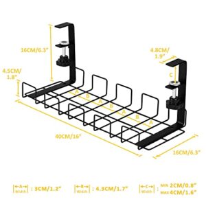 Baskiss Under Desk Cable Management Tray 2 Packs, 16" Under Desk Cord Organizer with Clamp Mount for Wire Management, Metal Wire Cable Holder for Desks, Offices and Kitchens, No Need to Drill Holes