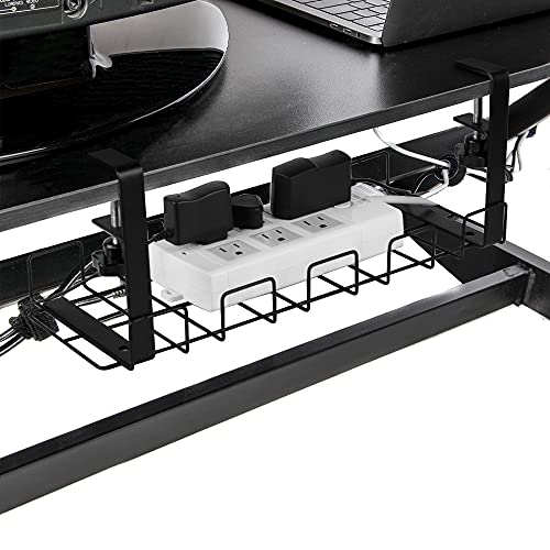 Baskiss Under Desk Cable Management Tray 2 Packs, 16" Under Desk Cord Organizer with Clamp Mount for Wire Management, Metal Wire Cable Holder for Desks, Offices and Kitchens, No Need to Drill Holes