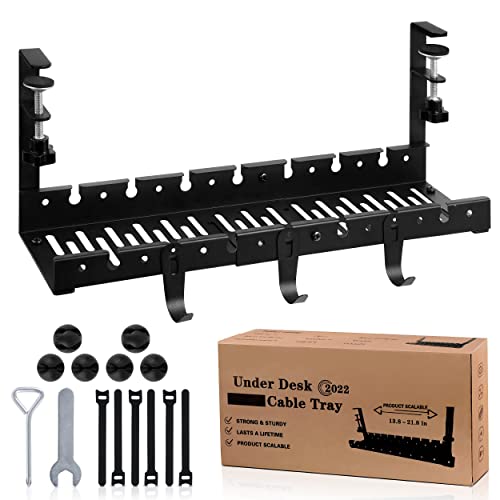 Under Desk Cable Management Tray, Adjustable 11.2" into 21.8" No Drill Wire Organizer, Cord Management with Cable Holder Ties for Office Home Desk Cable Hider