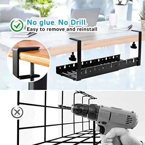 Under Desk Cable Management Tray, Adjustable 11.2" into 21.8" No Drill Wire Organizer, Cord Management with Cable Holder Ties for Office Home Desk Cable Hider