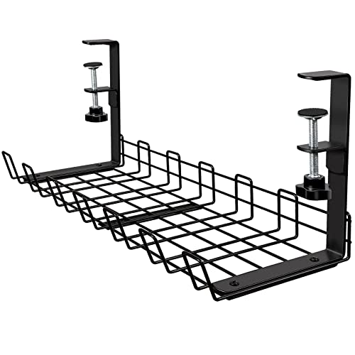 Under Desk Cable Management Tray - No Drilling, 16 x 6.3 x 7.6 inch High-Capacity Wire Management Under Desk,Cord Management Under Desk with Desk Clamp,No Damage to Desk,Fits Most Desks