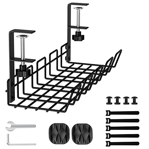 SLLFLY Under Desk Cable Management Tray,Wire Management Tray, Desk Organizers and Storage,No Drill Steel Desk Cable Organizers,Desk Cable Management,Cord Management,Under Desk Organizer(Black)