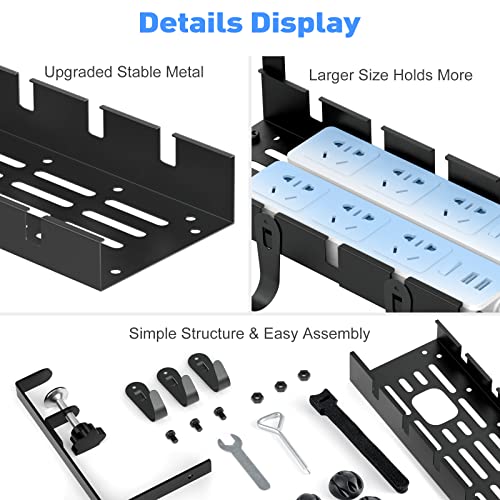 POKIPO Under Desk Cable Management Tray, Cable Management Under Desk, Retractable Under Desk Cord Organizer Wire Management No Drill Cable Tray with Clamp, Black Metal Rack Basket for Standing Desk