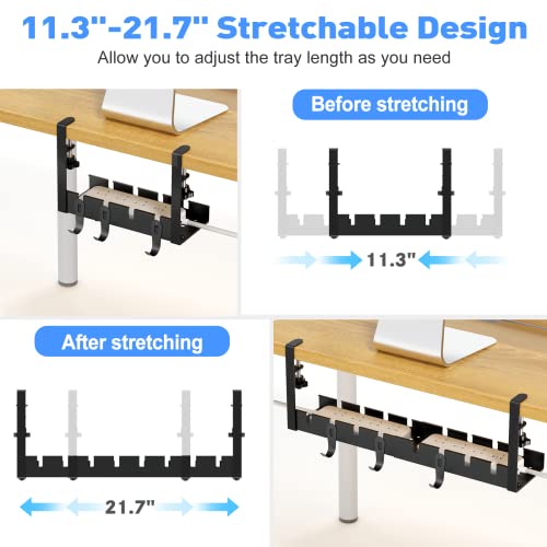 POKIPO Under Desk Cable Management Tray, Cable Management Under Desk, Retractable Under Desk Cord Organizer Wire Management No Drill Cable Tray with Clamp, Black Metal Rack Basket for Standing Desk