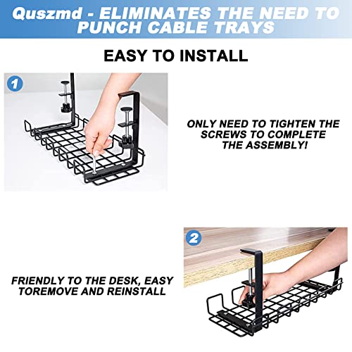 Quszmd Under Desk Cable Management Tray No Drill - Under Desk Cable Organizer for Wire Management. Super Sturdy Desk Cable Rack .Standing Desk Cable Management (16" Black Wire Tray)