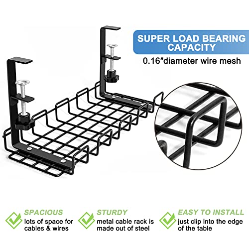 Quszmd Under Desk Cable Management Tray No Drill - Under Desk Cable Organizer for Wire Management. Super Sturdy Desk Cable Rack .Standing Desk Cable Management (16" Black Wire Tray)