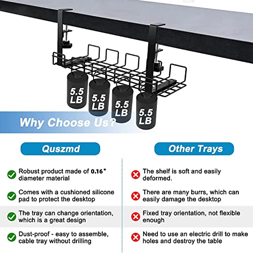 Quszmd Under Desk Cable Management Tray No Drill - Under Desk Cable Organizer for Wire Management. Super Sturdy Desk Cable Rack .Standing Desk Cable Management (16" Black Wire Tray)