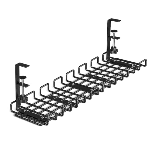 Under Desk Cable Management Tray No Drill, 25'' Large Capacity Desk Wire Organizer Rack, Sturdy Metal Under Desk Cord Management with Clamp for Offices and Home