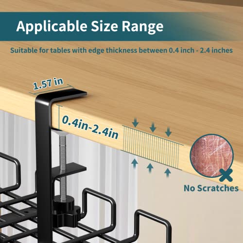 Under Desk Cable Management Tray No Drill, 25'' Large Capacity Desk Wire Organizer Rack, Sturdy Metal Under Desk Cord Management with Clamp for Offices and Home