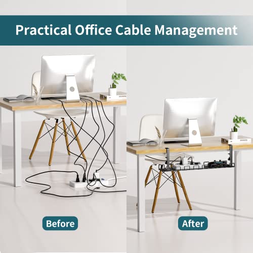 Under Desk Cable Management Tray No Drill, 25'' Large Capacity Desk Wire Organizer Rack, Sturdy Metal Under Desk Cord Management with Clamp for Offices and Home