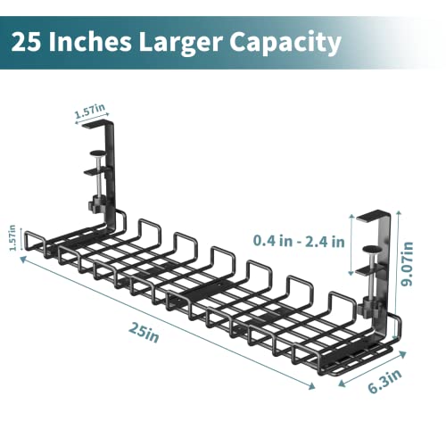 Under Desk Cable Management Tray No Drill, 25'' Large Capacity Desk Wire Organizer Rack, Sturdy Metal Under Desk Cord Management with Clamp for Offices and Home