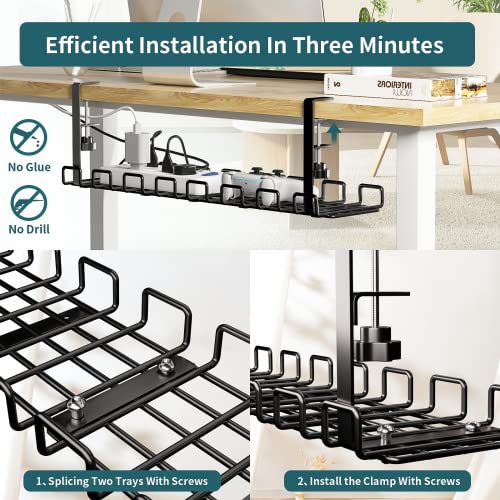 Under Desk Cable Management Tray No Drill, 25'' Large Capacity Desk Wire Organizer Rack, Sturdy Metal Under Desk Cord Management with Clamp for Offices and Home