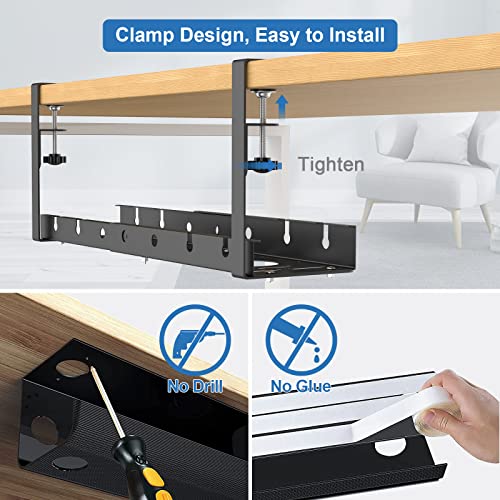 Under Desk Cable Management Tray, ARUQO Retractable Cord Organizer for Desk, No Drill Cable Tray Basket for Wire Management, Sturdy Metal Cable Management Under Desk with Clamp for Home Office