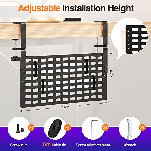 Under Desk Cable Management No Drill, Xpatee 16'' Desk Cable Management, Cable Management with Clamp for Desk Wire Management, Computer Cable Rack for Office, Home - No Damage to Desk, Black