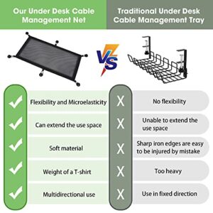 Under Desk Cable Cord Net Management, Cable Net Desk for Cable Management, Large Flexible Cable Duct, Invisible Storage for Hiding Cables Office Under Table Black