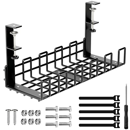 Under Desk Cable Management Tray, Waysse 13'' No Drill Steel Desk Cable Organizers, Cord Organizer Management Tray with Clamp, Desk Wire Management Rack for Office, Home - No Damage to Desk