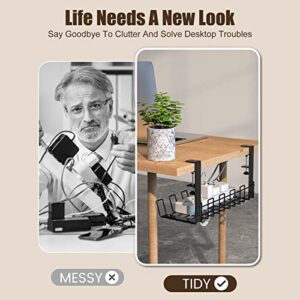 Under Desk Cable Management Tray, Waysse 13'' No Drill Steel Desk Cable Organizers, Cord Organizer Management Tray with Clamp, Desk Wire Management Rack for Office, Home - No Damage to Desk