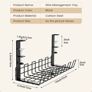 Under Desk Cable Management Tray, Waysse 13'' No Drill Steel Desk Cable Organizers, Cord Organizer Management Tray with Clamp, Desk Wire Management Rack for Office, Home - No Damage to Desk