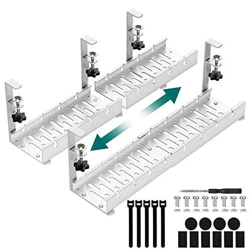 Under Desk Cable Management Tray,Retractable Cord Organizer for Desk,No Drill Cable Management for Glass Desk，Sturdy Metal Cable Management Under Desk with Clamp for Home Office