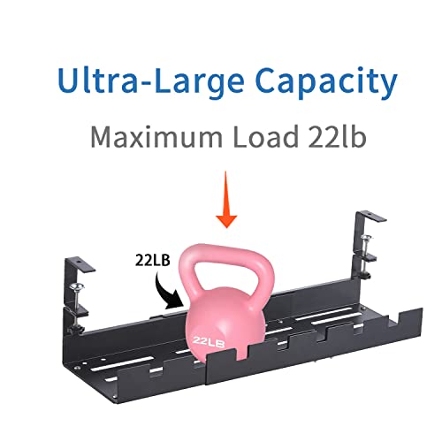 Expandable Under Desk Cable Management Tray, Max Load 22lbs, Clamp Mount, Super Sturdy Metal, No Drill, Cord Organizer for Home and Office, Black