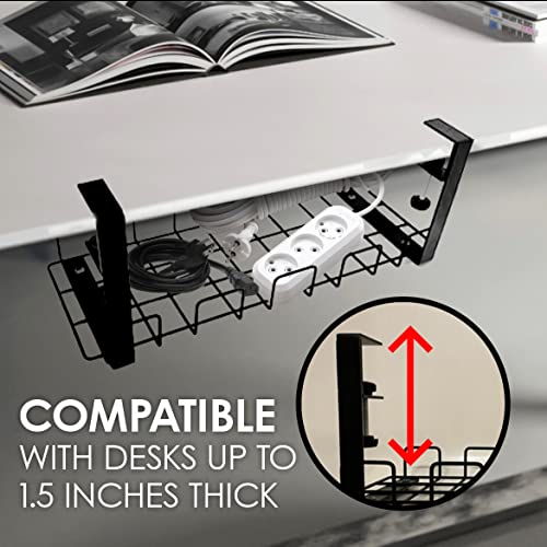 No Drill Under Desk Cable Management Tray 2 Pack, Under Desk Cord Organizer, Metal Wire Cable Holder for Desks and Offices, No Need to Drill Holes
