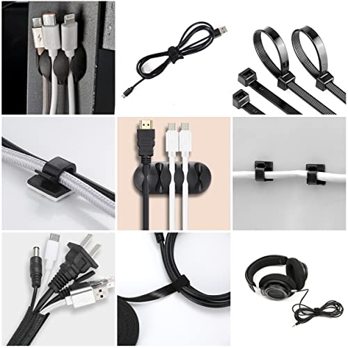 173 Pcs Cable Management Organizer Kit, Include 4 Cable Sleeve Split with 47 Self Adhesive Cable Clips Holder, 10 Cable Ties, 10 Adhesive Wall Cable Tie, 100 Fasten Cable Ties, 2 x Roll Cable Ties