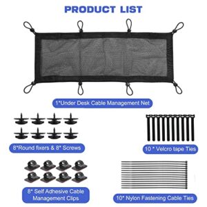 Under Desk Cable Management Net Kit, 27 x 10 in Stretchable Under Desk Cable Management Net, Under Desk Cord Organizer Net, for All Under Desk Cable Management