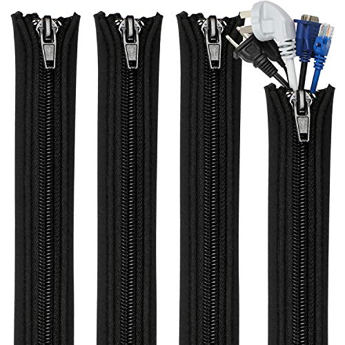 Teskyer 4 Pack Cable Management Sleeves, Cord Organizer Sleeve with Zipper, Wire Wrap Covers, Cable Organizer Sleeves for TV, Computer, Office, 15" Per Sleeve